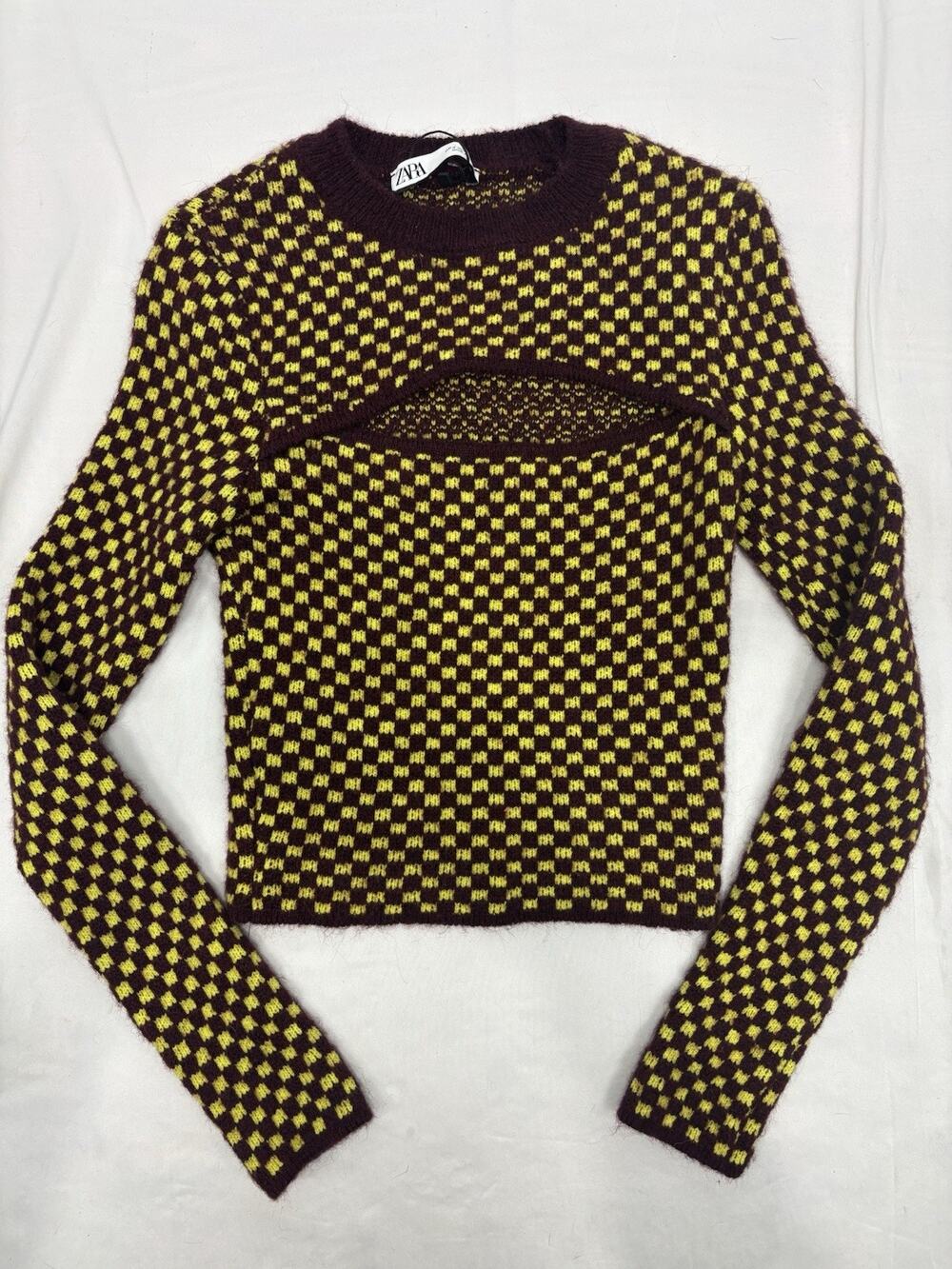 ZARA Cut-Out Knit Sweater Fitted Crewneck Pullover S Maroon Yellow Checkered